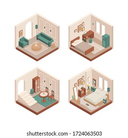 Set Of Vector Isometric Low Poly Cozy Rooms With Various Furniture.