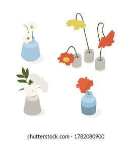 Set of Vector Isometric Low Poly Plants and Flowers in Various Vases.