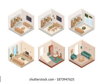 Set of vector isometric low poly cozy rooms with various furniture.