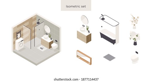 Set of vector isometric low poly cozy bathroom with various furniture.