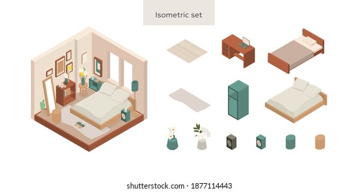 Set of vector isometric low poly cozy room with various furniture.