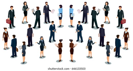 Set of vector isometric men and women in business suits, isolated business people figures