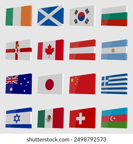Set of vector isometric national flags with glare