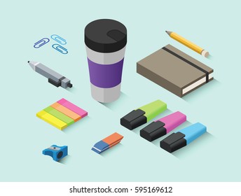 Set of vector isometric office items, stationery icons, 3d flat objects for working  