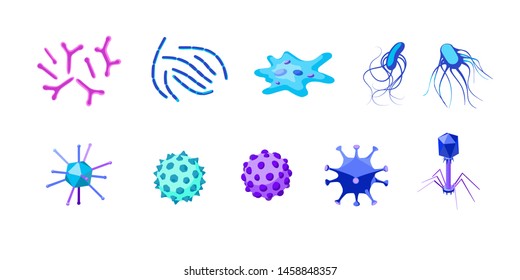 Set of vector isometric pictograms. Viruses, bacteria and protozoa. Isolated on white background. Design elements for medical posters, brochures, articles, infographics, websites etc.