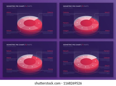 Set of vector isometric pie chart designs, modern templates for creating infographics, presentations, reports, visualizations. Global swatches.
