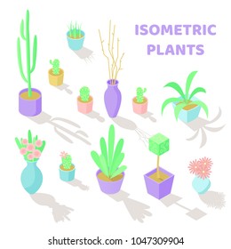 Set of vector isometric plants and flowers icons. Interior decoration. Different types of gardening objects