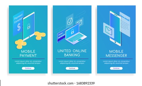 Set of vector isometric posters with data encryption, mobile banking and payment via smartphone. Content interface elements, laptop, bank card, coins and smartphone.