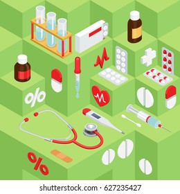A set of vector isometric projection illustrations for advertising and announcements about pharmacy and medical items. Flat e-commerce symbols for buy or sell medicine and first aid stuff