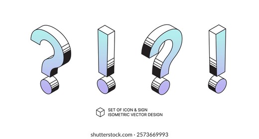 set of vector isometric question mark and exclamation mark sign