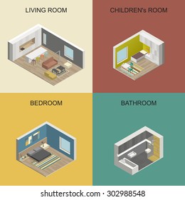 Set Of Vector Isometric Rooms. Interior Design