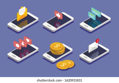 Set of vector isometric smartphone. E-mail, email marketing, internet advertising concepts. Money movement, online payment and banking concept. Social media notifications icon.	