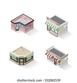 Set Of Vector Isometric Stores. Vector Illustration Of Shop, Restaurant, Market, Store.