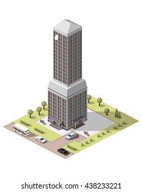 Set vector isometric tile buildings and other structures with areas and elements of the landscape