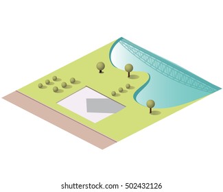 Set vector isometric tile buildings and other structures with areas and elements of the landscape