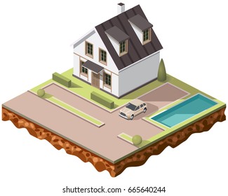 Set vector isometric tile buildings and other structures with areas and elements of the landscape