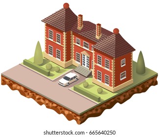 Set vector isometric tile buildings and other structures with areas and elements of the landscape