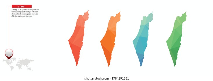 Set of vector Israel maps. Bright gradient map of country in low poly style. Multicolored country map in geometric style for your infographics. Vector illustration eps 10.