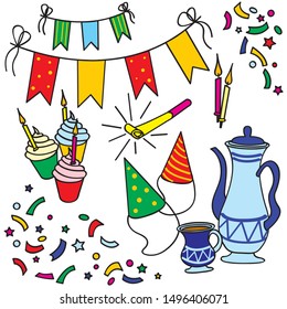 Set of vector items for birthday party.