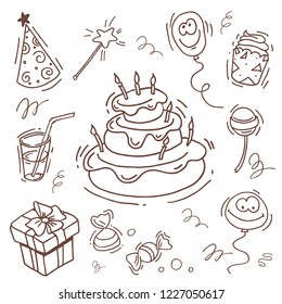 
Set of vector items for birthday in the style of the doodle. For postcards, posters, posters. Cake, balls, lollipops, coffee makers, gifts, cake.