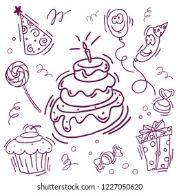 Set of vector items for birthday in the style of the doodle. For postcards, posters, posters. Cake, balls, lollipops, coffee makers, gifts, cake.