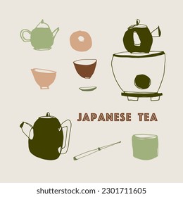 A set of vector items for holding a tea ceremony. East, Japan. Teapots, cups. Hand drawing, doodle, sketch. Green, beige, brown. Eps10