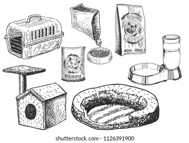 Set of vector items for pets with  carrier, plastic and soft house of pet,  bowl and bottles isolated on white background. Food for cats and dogs. Sketch