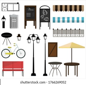 A set of vector items for street, Park or garden design. Bench, bicycles, fence, awnings, street lamps, garden furniture, trash cans, chimney, and signs for decorating a house, store, or building