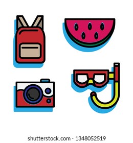 Set of vector items. Summertime tourism equipment on white background