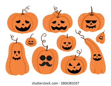 Set of vector jack-o-lanterns. Halloween party illustration with funny pumpkin lanterns. Scary design for Autumn Samhain party. All saints day elements collection.
