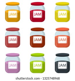 Set of Vector Jam Jar isolated on white background. Natural Healthy Food Production Jam. Strawberry, Raspberry, Kiwi, Lemon, Apricot, Grape. Vector illustration for Your Design.