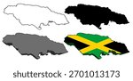 set vector jamaica flag in map icon. Detailed jamaica map silhouette. 3D isometric jamaica map symbol design template illustration