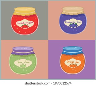 Set of vector jams: strawberry, blueberry, orange, pear. Ingredients for breakfast, dessert. Design for logo, cafe, menu.