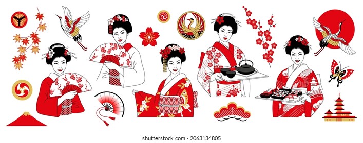 Set of vector Japanese characters in a realistic style. Girls in kimono. Collection of Japanese symbols: cranes, sakura, maple, pagoda. People in national clothes isolated on a white background.  