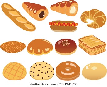 Set vector Japanese famous bread icons for design menu bakery.  Rye, whole grain and wheat bread, french baguette, hot dog, croissant, curry, cream and chocolate bun,, apple pie, doughnuts, bagel.