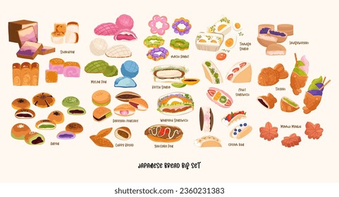 Set vector Japanese famous bread bakery isolated on beige background. Shokupan, anpan, dorayaki, melon bread, curry, mochi donut, taiyaki, imagawayaki, fruit, sandwich, cream bun