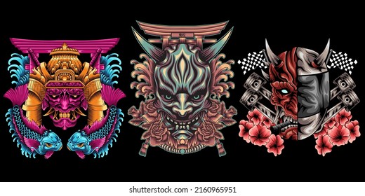 Set of vector Japanese masks of samurai isolated on the dark background.