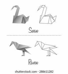 Set of vector japanese paper origami birds swan and raven on white background. 