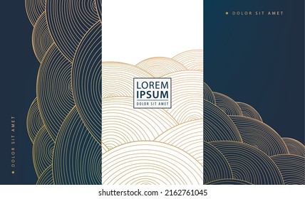 Set of vector japanese style design elements: labels, frames, wedding invitations, social net stories, packaging, luxury products, perfume, soap, wine. Wavy line golden backgrounds, circle patterns