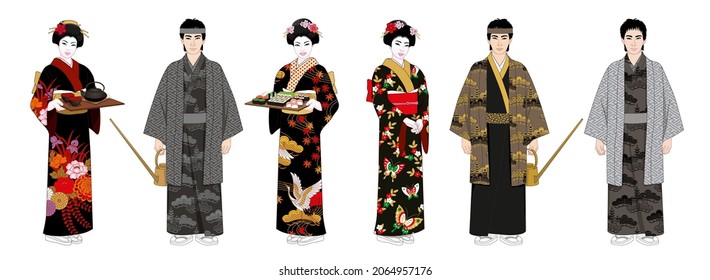 Conjunto de camareras y camareros vectoriales japoneses vestidos con ropa nacional. Servicio de restauración. Estilo realista. Colección de caracteres aislados en un fondo blanco.