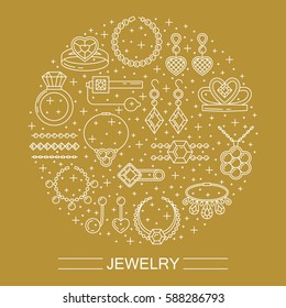Set of vector jewelry line icons. Diamond luxury collection isolated on gold. Ring necklace earrings chain diadem silhouettes. Pearl gem crystal sapphire element. Treasure collection.