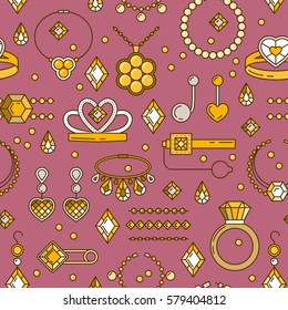 Set of vector jewelry line seamless pattern. Diamond luxury colorful collection. Ring necklace earrings chain diadem silhouettes. Pearl gold silver gem crystal sapphire element. Treasure collection