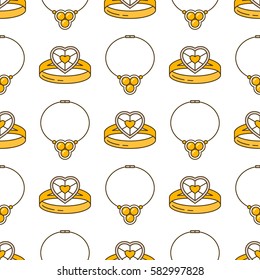 Set of vector jewelry line seamless pattern. Diamond luxury colorful collection. Ring and necklace silhouettes. Gold gem crystal sapphire element. Treasure collection.