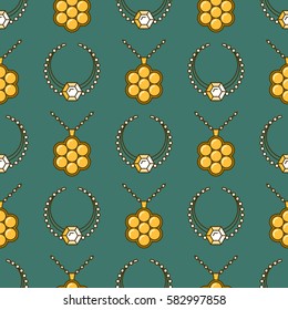 Set of vector jewelry line seamless pattern. Diamond luxury colorful collection. Necklace silhouette. Gold gem crystal sapphire element. Treasure collection.