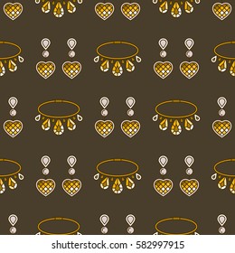 Set of vector jewelry line seamless pattern. Diamond luxury colorful collection. Earrings and necklace silhouettes. Pearl gold silver gem crystal sapphire element. Treasure collection.