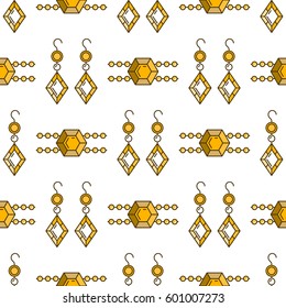 Set of vector jewelry line seamless pattern. Diamond luxury colorful collection. Earrings and bracelet silhouettes. Pearl gold silver gem crystal sapphire element. Treasure collection.