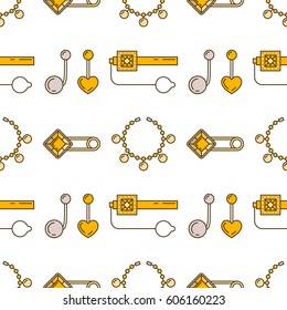 Set of vector jewelry line seamless pattern. Diamond luxury colorful collection. Fashion gemstone silhouettes. Pearl gold silver gem crystal sapphire element. Treasure collection.