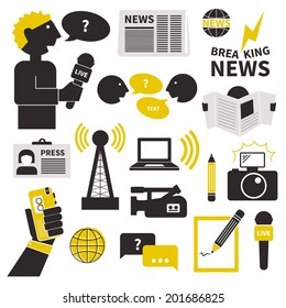 Set of vector journalism icons. Modern flat symbols of journalism including computer, news, reporter, camera, accreditation, pencil and notebook.