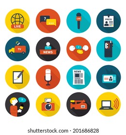 Set of vector journalism icons. Modern flat symbols of journalism including computer, news, reporter, camera, accreditation, pencil and notebook.