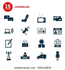 Set of vector journalism icons. Modern flat symbols of journalism including computer, news, reporter, camera, accreditation, pencil and notebook.